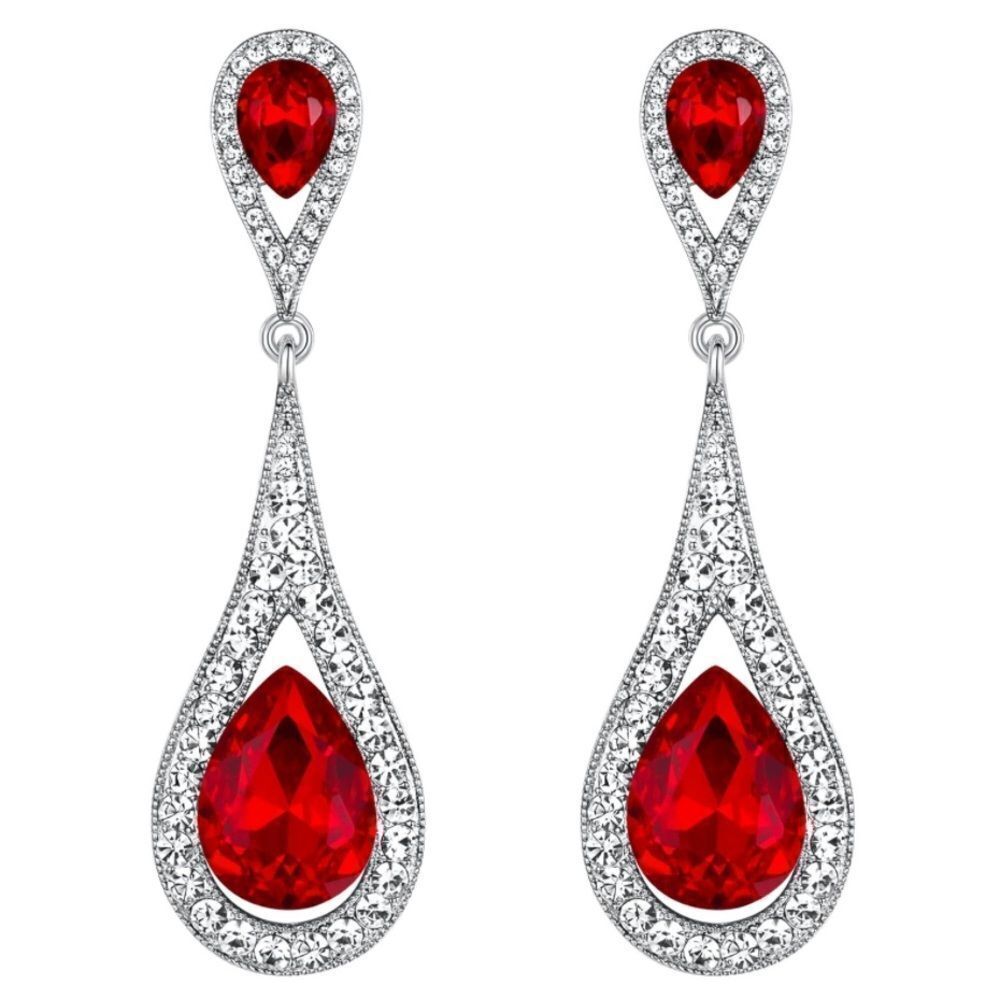 Silver with Ruby Red and White Diamond Austrian Crystal Dual Teardrop Earrings